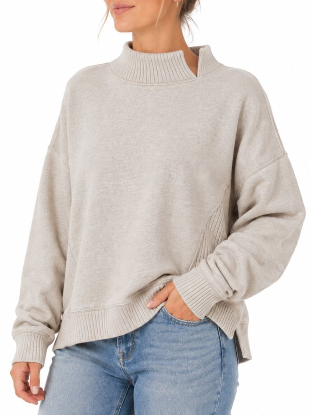 AERIE Oversized Mock Neck Sweatshirt Oatmeal Medium Split Neck Relaxed Casual